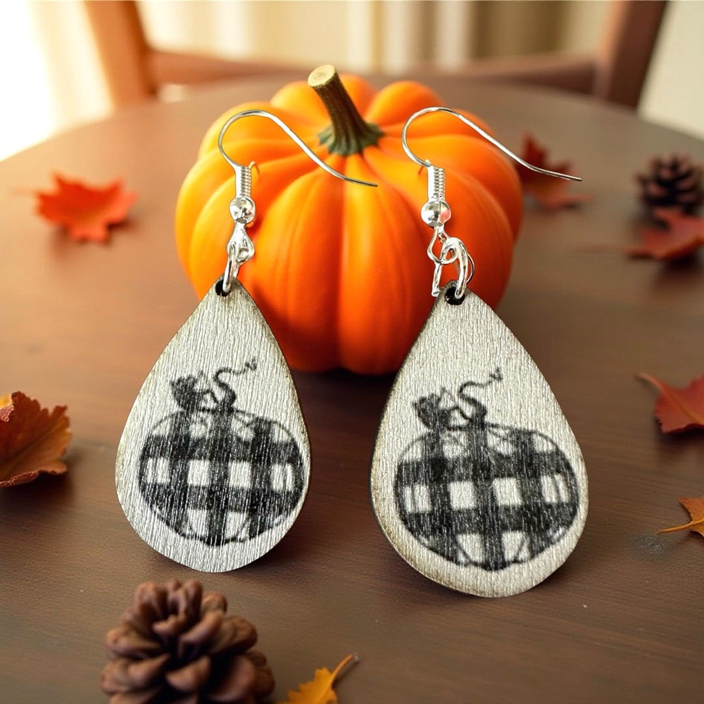 ⭐️ 5 for $25 Wood Festive Pumpkin Hoop Earrings